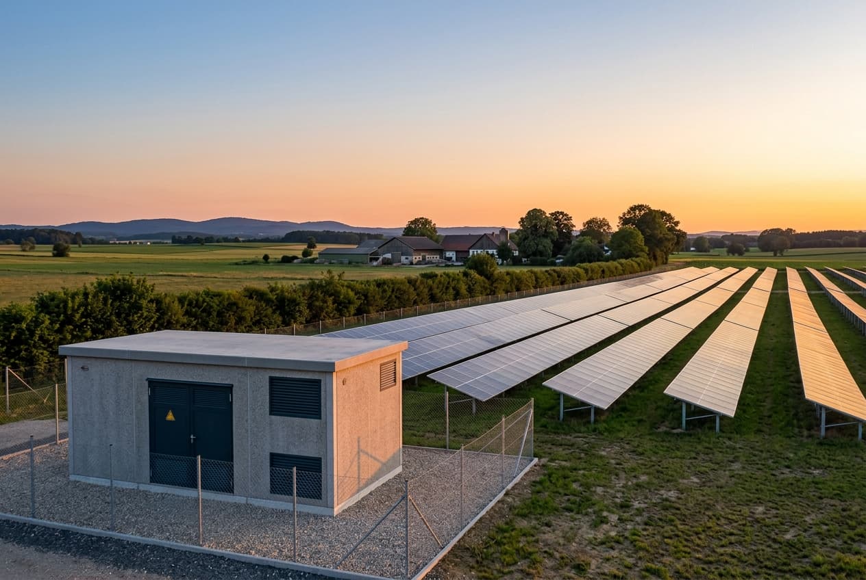 Illustration: transformer substation as the grid connection of a solar farm in a German field landscape in the evening
