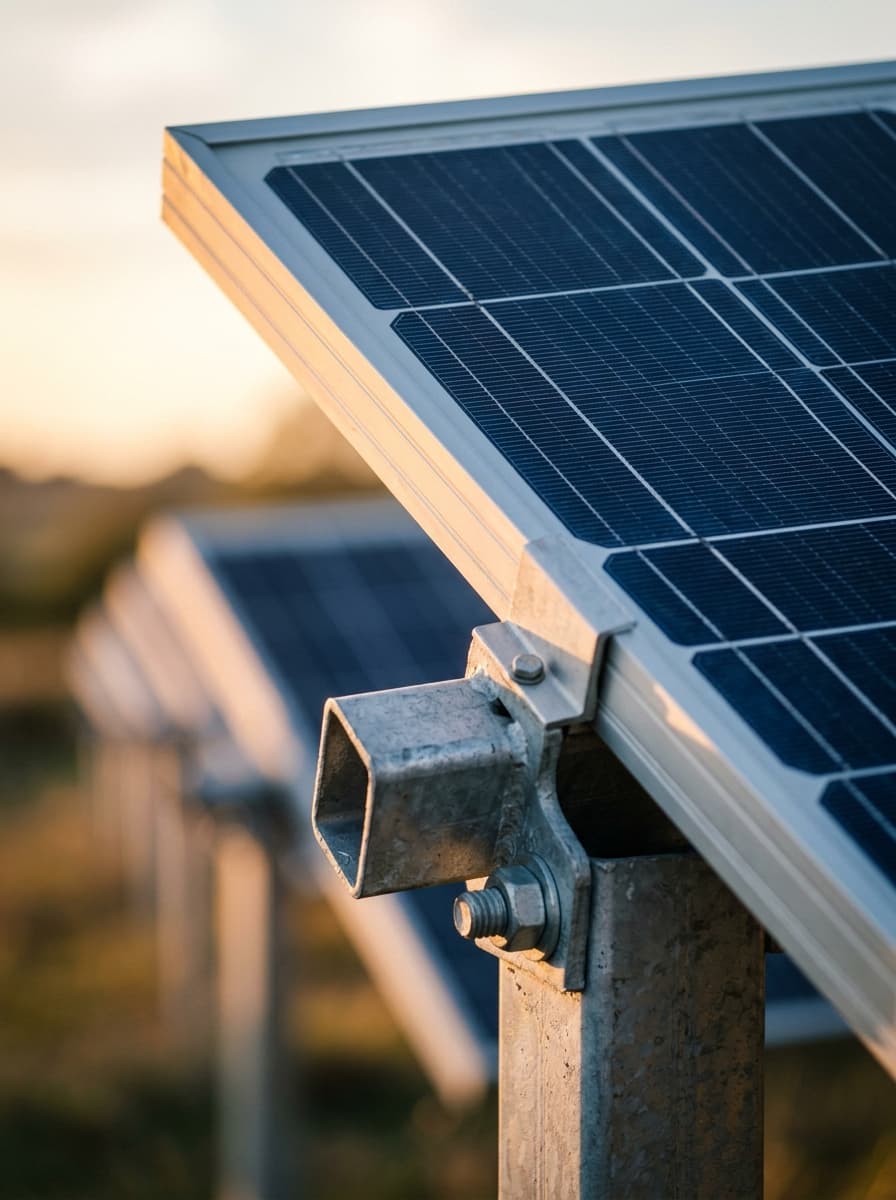 Illustration: Ecke eines Solarmoduls mit verzinkter Unterkonstruktion im Abendlicht