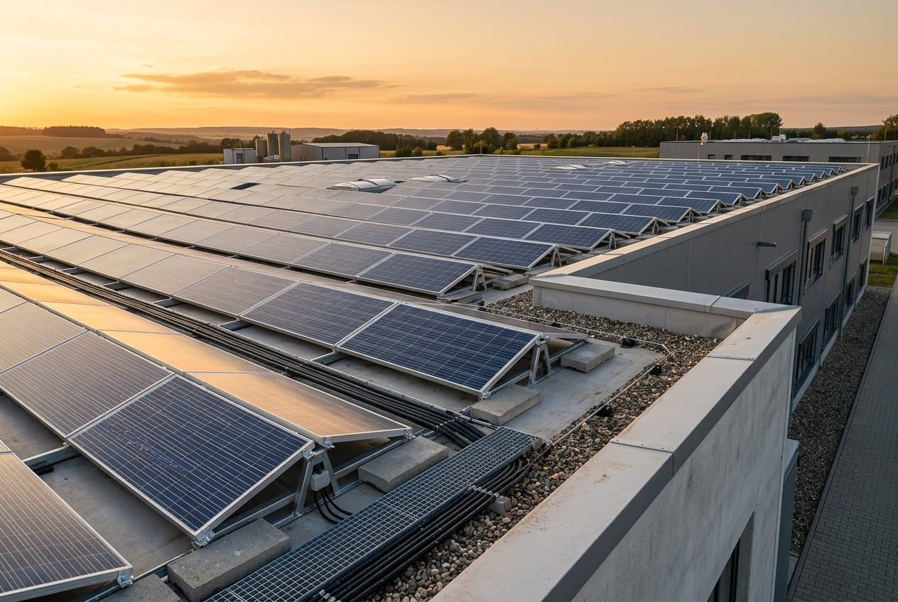 Illustration: tilted photovoltaic rows on the flat roof of a commercial building at sundown
